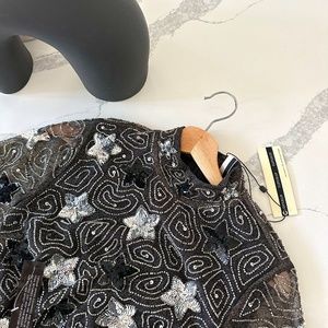 TOPSHOP Silver Star Print Party Dress with High Neck Long Sleeves size 6